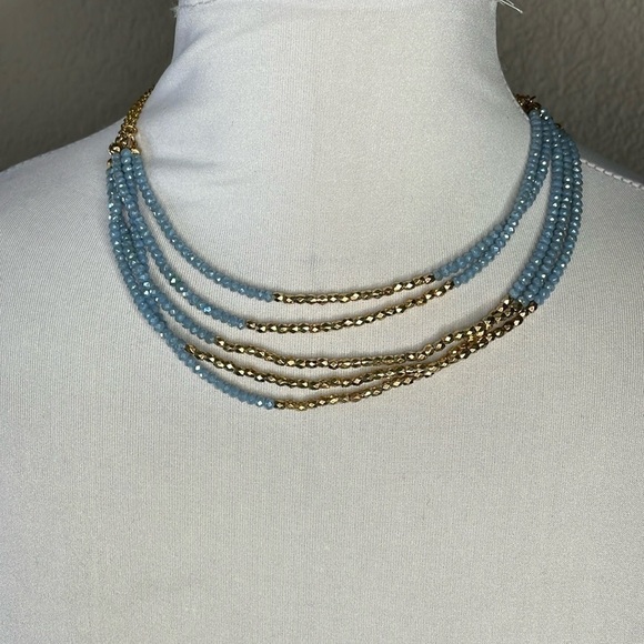 NWT Massini Multi Strand Beaded Necklace Gold Tone Aqua Blue - Picture 1 of 6
